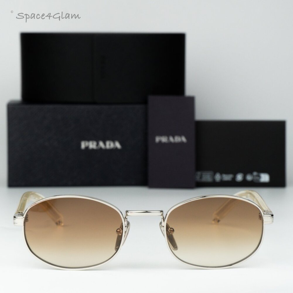 Prada Men Sunglasses Silver Yellow Grad Brown Oval PRB53S 1BC80K NEW AUTHENTIC